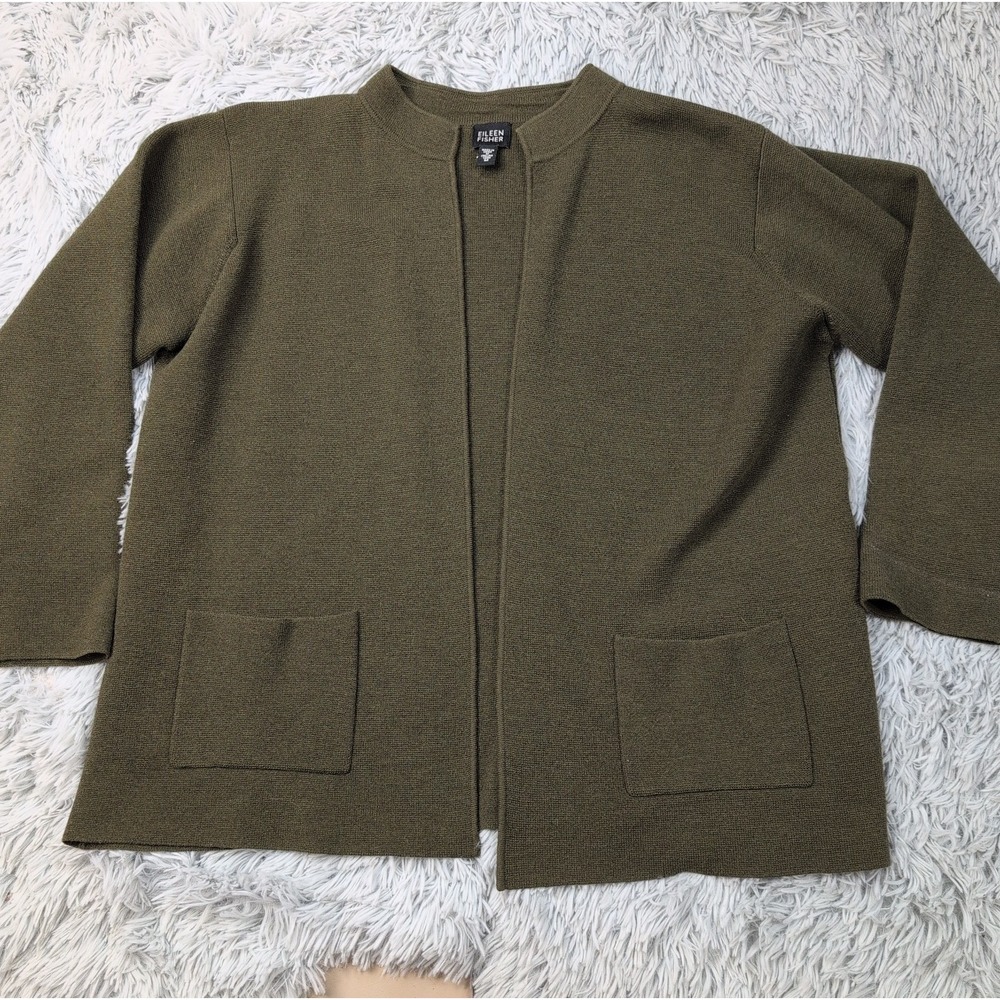 Eileen Fisher Sweater Womens M Green Cardigan Open Front Wool Italian Yarn